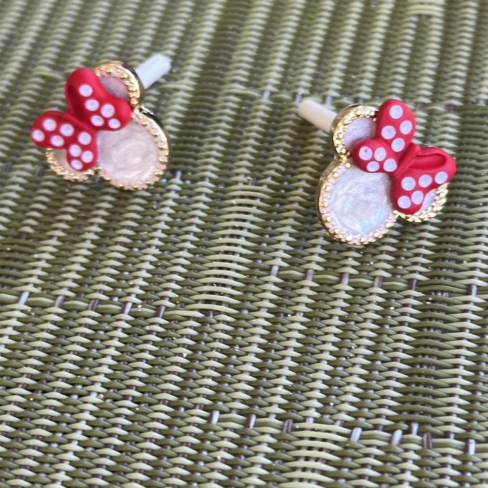 NWT enamel mouse ears with red polka dot bow studs